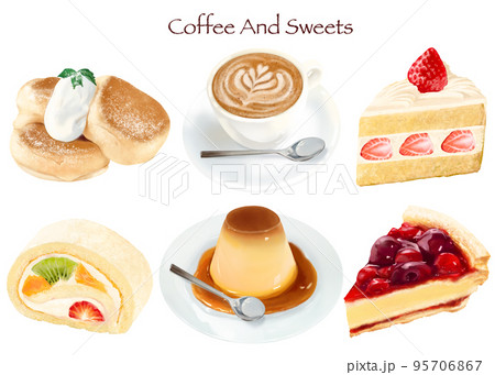 コーヒーとケーキ類の喫茶店のセット白バックイラストー手描き素材 95706867