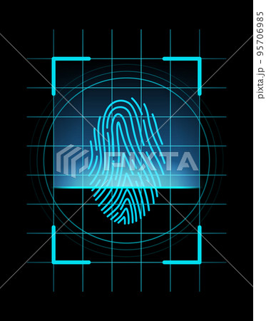 Fingerprint identification. Scan fingerprint, security or identification system concept. Futuristic technology. Biometric data design. Security system based on thumb lines, vector illustration Fingerprint identification. Scan fingerprint, security or identification system concept. Futuristic technology. Biometric data design. Security system based on thumb lines, vector illustration 95706985