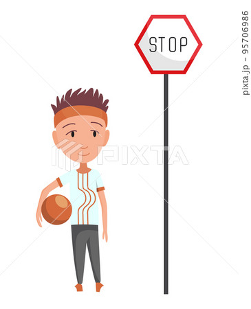 Kid learning road sign. Traffic road education. School kid learning rules of road set. Children learn, educational scene, safety pedestrian movement 95706986