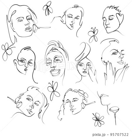 Skin care treatments. Beautiful young ladies. Various spa treatments. The concept of facial care. Cleansing, moisturizing, treatment. Hand-drawn set of illustrations. Beauty Illustration. All elements Skin care treatments. Beautiful young ladies. Various spa treatments. The concept of facial care. Cleansing, moisturizing, treatment. Hand-drawn set of illustrations. Beauty Illustration. All elements 95707522