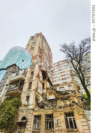 KYIV, UKRAINE - October 22, 2022: Civilian house after a drone attack on buildings in Kyiv. KYIV, UKRAINE - October 22, 2022: Civilian house after a drone attack on buildings in Kyiv. 95707892