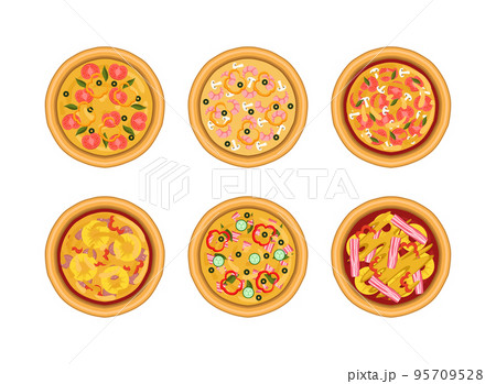 Pizza as Savory Italian Dish with Round Flattened Dough Topped with Different Ingredients Above View Vector Set Pizza as Savory Italian Dish with Round Flattened Dough Topped with Different Ingredients Above View Vector Set 95709528