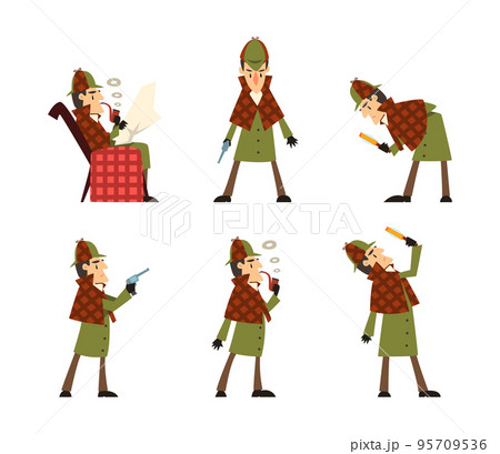 Detective Sherlock with Smoking Pipe and Magnifying Glass Engaged in Different Activity Vector Set 95709536