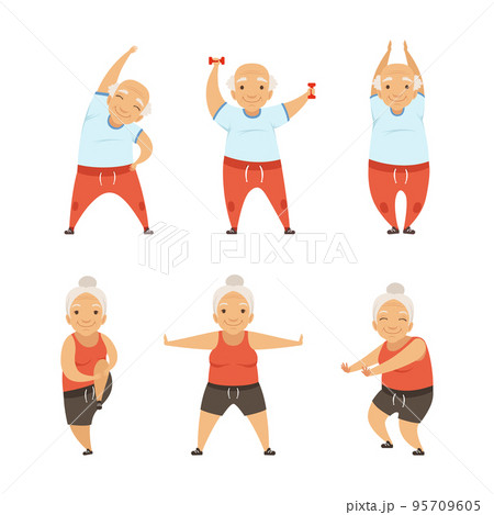 Senior Man and Woman with Grey Hair Doing Physical Exercises Stretching Vector Set 95709605