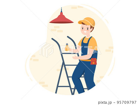 Lighting and Electricity Energy Maintenance Service Panel Cabinet of Technician Electrical Work on Flat Cartoon Hand Drawn Templates Illustration 95709797