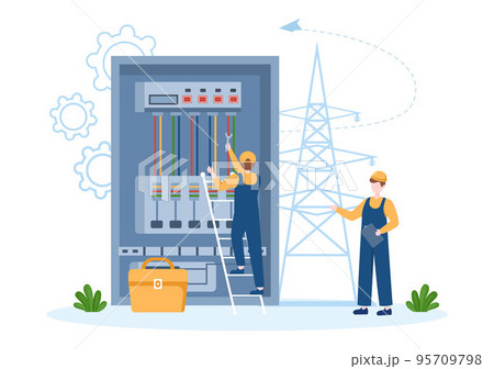 Lighting and Electricity Energy Maintenance Service Panel Cabinet of Technician Electrical Work on Flat Cartoon Hand Drawn Templates Illustration 95709798