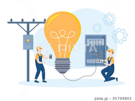 Lighting and Electricity Energy Maintenance Service Panel Cabinet of Technician Electrical Work on Flat Cartoon Hand Drawn Templates Illustration 95709803