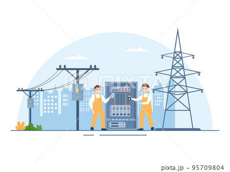 Lighting and Electricity Energy Maintenance Service Panel Cabinet of Technician Electrical Work on Flat Cartoon Hand Drawn Templates Illustration 95709804