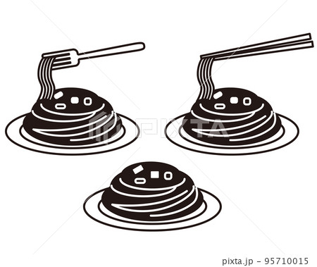 スパゲティ 焼きそばに使える麺料理 食事セット モノクロアイコンイラストのイラスト素材