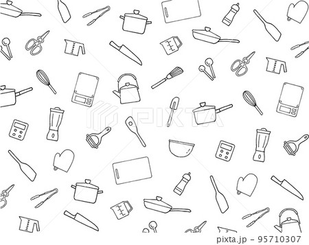 キッチン用品のペン画の背景模様 95710307