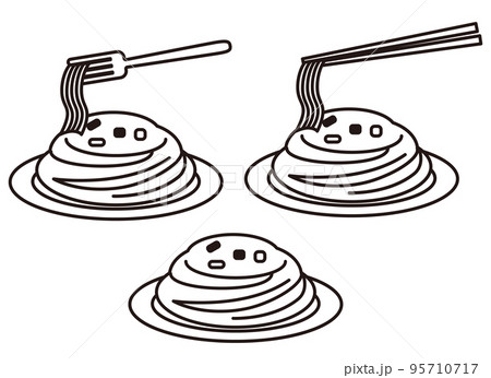 パスタや焼きそばに使える麵料理セット　モノクロイラスト 95710717