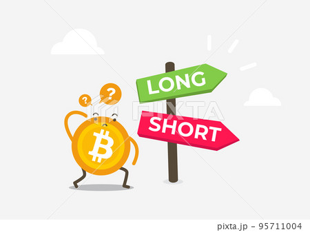 Bitcoin in front of a choice of the way long and short. Cryptocurrency cartoon concept. 95711004