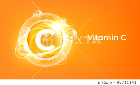 Vitamin C golden vector treatment. Vitamin gold oil pill icon. Skin care natural nutrition. 95711141