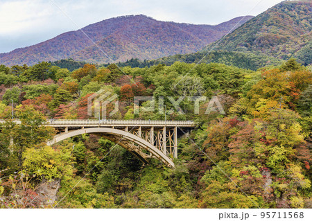紅葉の風景　鳴子峡の回顧橋 (みかえりばし)　宮城県大崎市 95711568