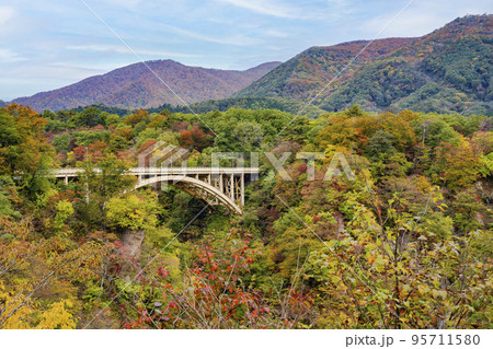 紅葉の風景　鳴子峡の回顧橋 (みかえりばし)　宮城県大崎市 95711580