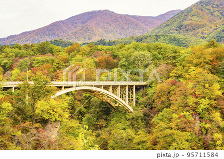 紅葉の風景　鳴子峡の回顧橋 (みかえりばし)　宮城県大崎市 95711584