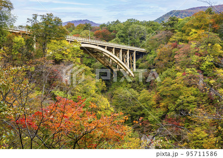 紅葉の風景　鳴子峡の回顧橋 (みかえりばし)　宮城県大崎市 95711586