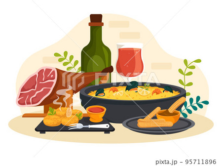 Spanish Food Cuisine Menu Restaurant with Various of Traditional Dish Recipe on Flat Cartoon Hand Drawn Templates Illustration 95711896