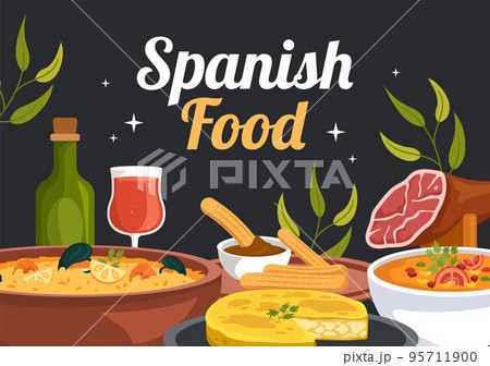 Spanish Food Cuisine Menu Restaurant with Various of Traditional Dish Recipe on Flat Cartoon Hand Drawn Templates Illustration Spanish Food Cuisine Menu Restaurant with Various of Traditional Dish Recipe on Flat Cartoon Hand Drawn Templates Illustration 95711900