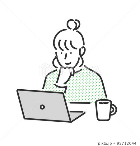 コーヒーを飲みながらノートパソコンを眺める女性のイラスト素材 95712044