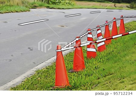 パステル調　”車道際に置かれた三角コーン”　イラストイメージ 95712234