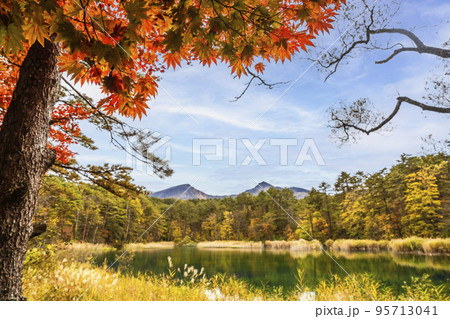 秋の五色沼自然探勝路 るり沼と磐梯山 福島県北塩原村 秋の五色沼自然探勝路 るり沼と磐梯山 福島県北塩原村 95713041