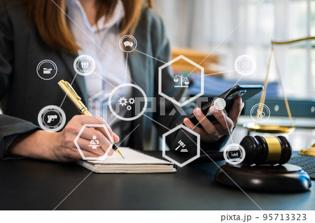 Businesswoman inscription Legal advice online, labor law, advice and justice concept. with VR icon. Businesswoman inscription Legal advice online, labor law, advice and justice concept. with VR icon. 95713323