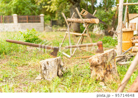 Two axes pinned on logs in a garden 95714648