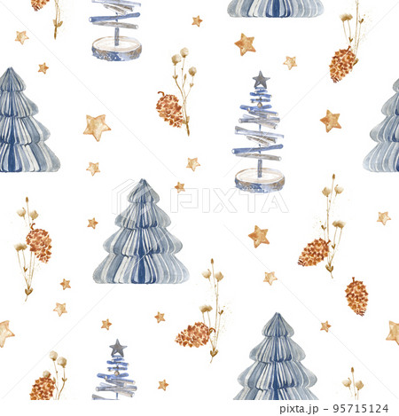 Watercolor seamless pattern, Christmas textile and wrapping paper decoration. Winter holiday decor. New Year illustration. Polygraphy decoration, textile and wrapping paper design. 95715124