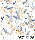 Watercolor seamless pattern, Christmas textile and wrapping paper decoration. Winter holiday decor. New Year illustration. Polygraphy decoration, textile and wrapping paper design. 95715126