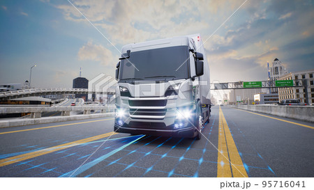 Autonomous delivery truck on street in city, 3d render Autonomous delivery truck on street in city, 3d render 95716041
