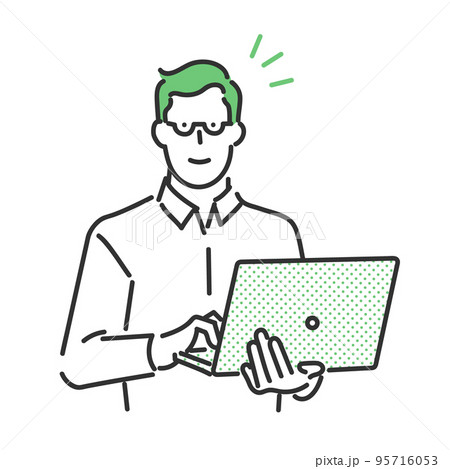 ノートパソコンを持つ眼鏡の男性のビジネスパーソンのイラスト素材 95716053
