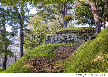 秋の亀ケ城城址公園（古城跡）の風景　石垣　福島県猪苗代町 95716241