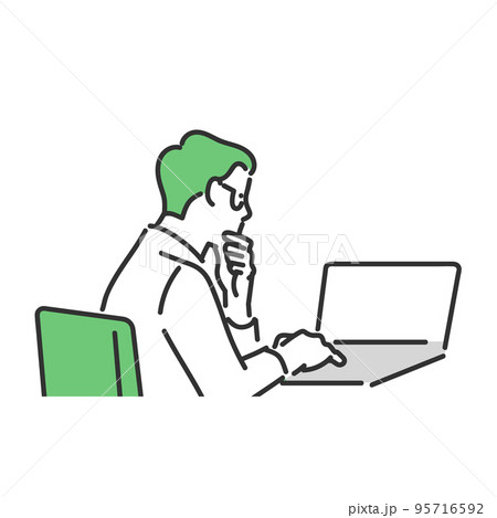 ノートパソコンを開いて調べ物をして考える男性のビジネスパーソンのイラスト素材 ノートパソコンを開いて調べ物をして考える男性のビジネスパーソンのイラスト素材 95716592