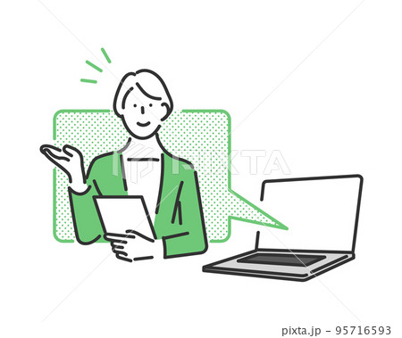 ノートパソコンからオンライン上でコミュニケーションをとる女性のビジネスパーソンのイラスト素材 95716593