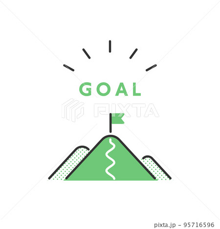 山の頂上にゴールの旗がはためく・目標設定のイメージイラスト素材 95716596