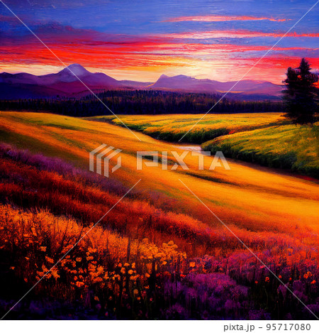 Beautiful sunset landscape of mountains and fields with flowers at sunset 95717080