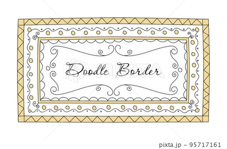 Cute doodle frame. Princess rectangular border. Baby lace sketch. Kids sketchbook or certificate. Elegant tidy floral lines. Outline flourish swirls. Calligraphic ornament. Vector design background 95717161