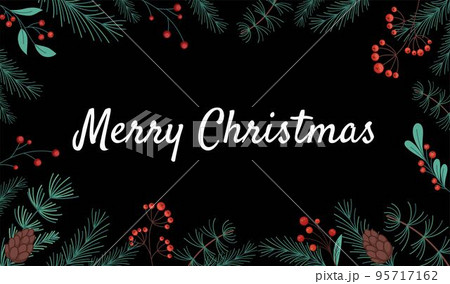 Holly christmas mistletoe border. Plant leaves frame, holiday pine, berry and cone, winter branch. Botanical stems with berries. New Year greeting, poster or banner vector illustration tidy background 95717162