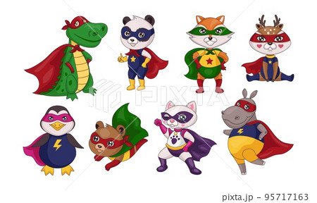 Superhero animals. Comic heroic characters. Cat boy in colorful costume. Super baby mouse and bear. Flying and playing cute fox girl. Happy crocodile in cape. Kids heroes set. Vector cartoon design 95717163