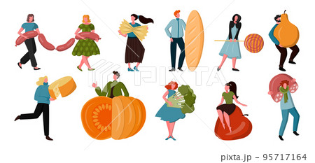 People eat food, men and women hold huge cheese, vegetables and fruits. Girl with candy snacks, healthy pasta and sausage. Buying products cartoon characters. Vector current illustration background 95717164