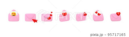 3d letter envelope, love romantic message render pink elements. New notification, paper gift. Closed and open postage objects with emoji, document and empty. Vector neoteric realistic background 95717165