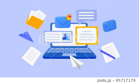 3D marketing mail. Realistic desktop. Business newsletter. Email message. Digital document computer app. Laptop and paper airplanes. Letter envelopes. Notice bell. Vector neoteric illustration icons 3D marketing mail. Realistic desktop. Business newsletter. Email message. Digital document computer app. Laptop and paper airplanes. Letter envelopes. Notice bell. Vector neoteric illustration icons 95717179