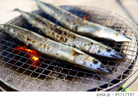 食欲の秋　美味しい秋刀魚の七輪　炭焼き 95717597