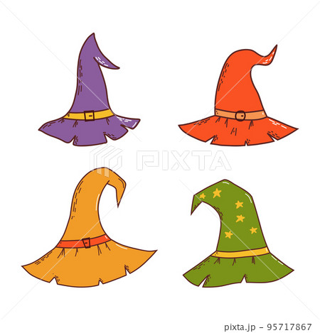 Set of witch hats. Halloween element. Trick or treat concept. Vector illustration in hand drawn style 95717867