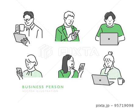 スマホやノートパソコンで情報を調べる若い男女のイラスト素材 95719098