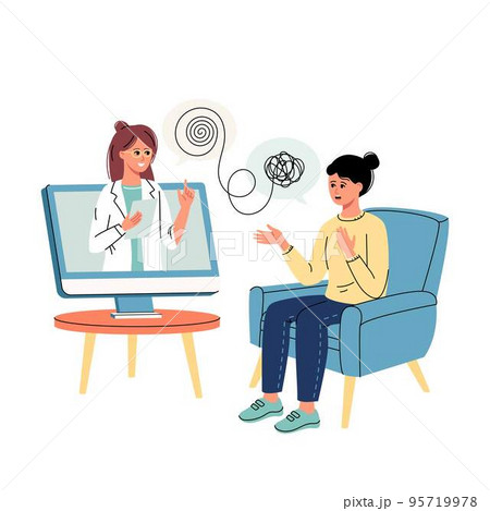 Psychologist doctor online consultation. Psychotherapy practice, psychological help, psychiatrist consulting patient. 95719978