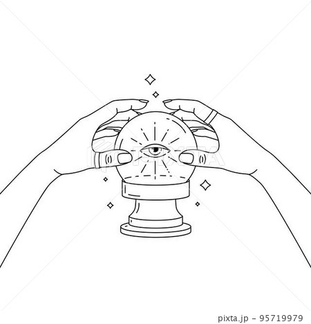Magic line crystal ball with eye of providence in hands of fortune teller. 95719979