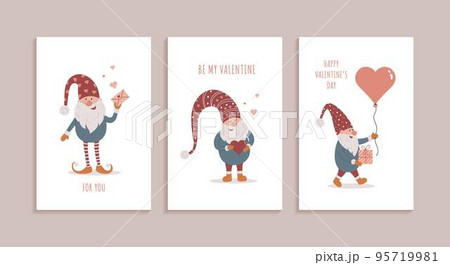 Set of three greeting cards for Valentine's day with cute gnomes. Set of three greeting cards for Valentine's day with cute gnomes. 95719981