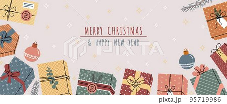 Christmas scandinavian banner with gifts. Xmas banner with Gift boxes, Christmas ball, green pine, stars 95719986